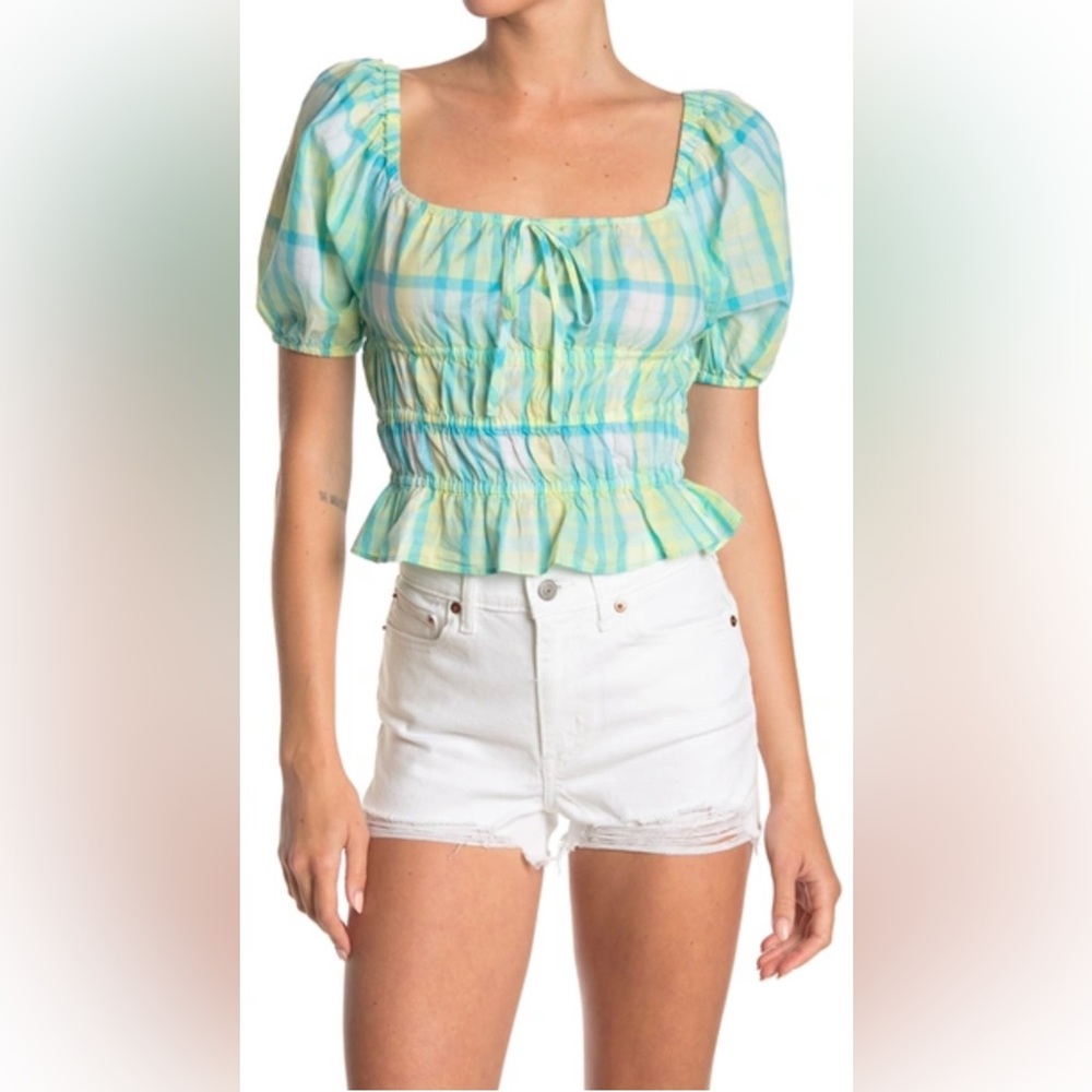 Abound square neck green blue Amanda plaid yarn dye top in small. Nordstrom